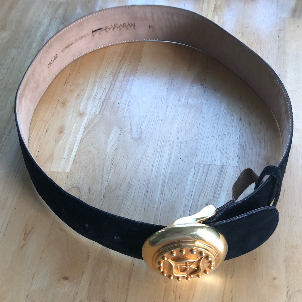 Donna Karan Vintage Luxury Couture Wide Black Suede Belt with Gold Medallion - Picture 10 of 15